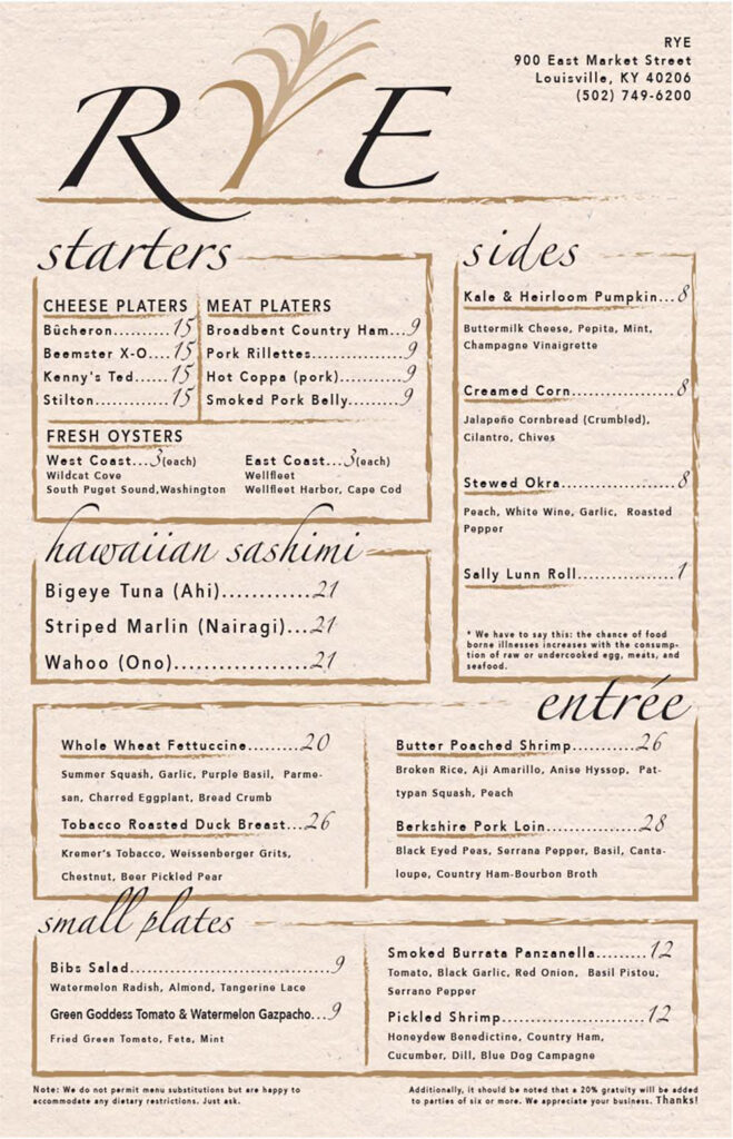 Rye Menu Design